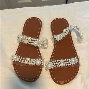 Brown Sandals with Pearl Embellishments